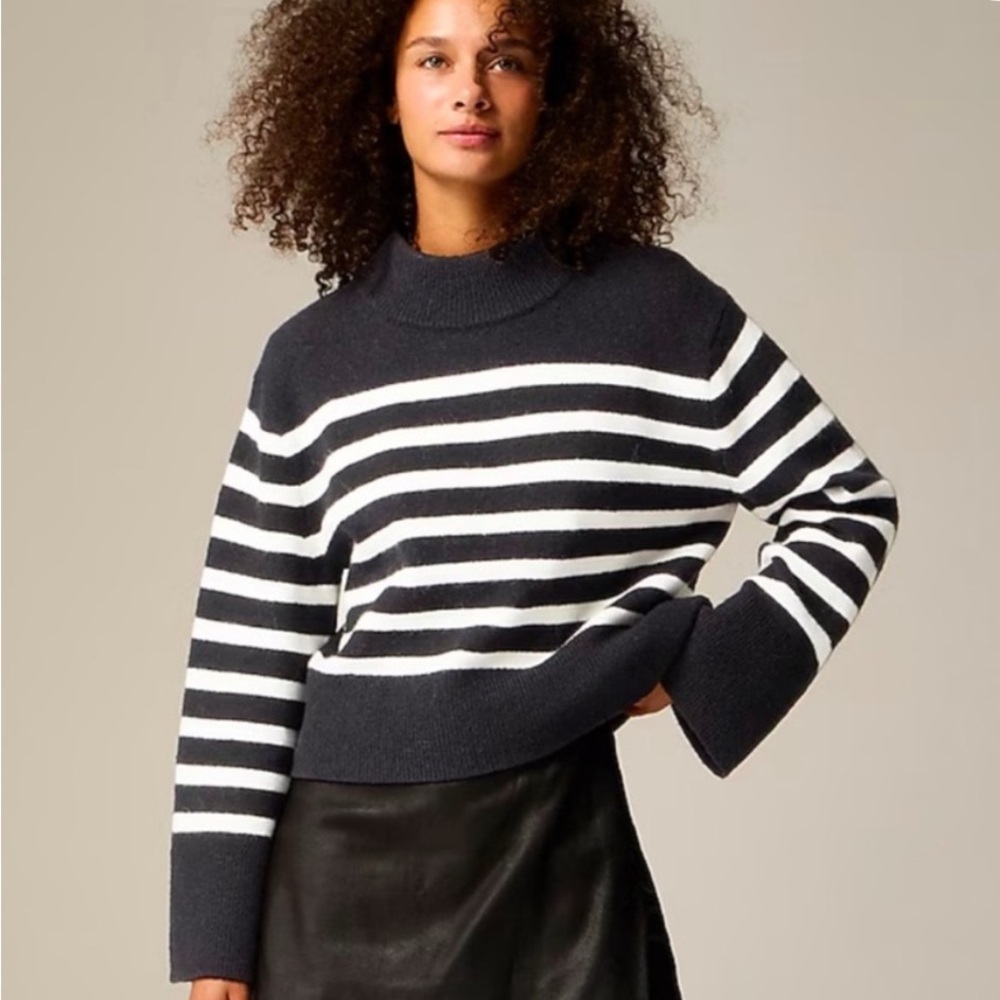 J. Crew Black and White Striped Turtleneck Sweater with bell sleeves